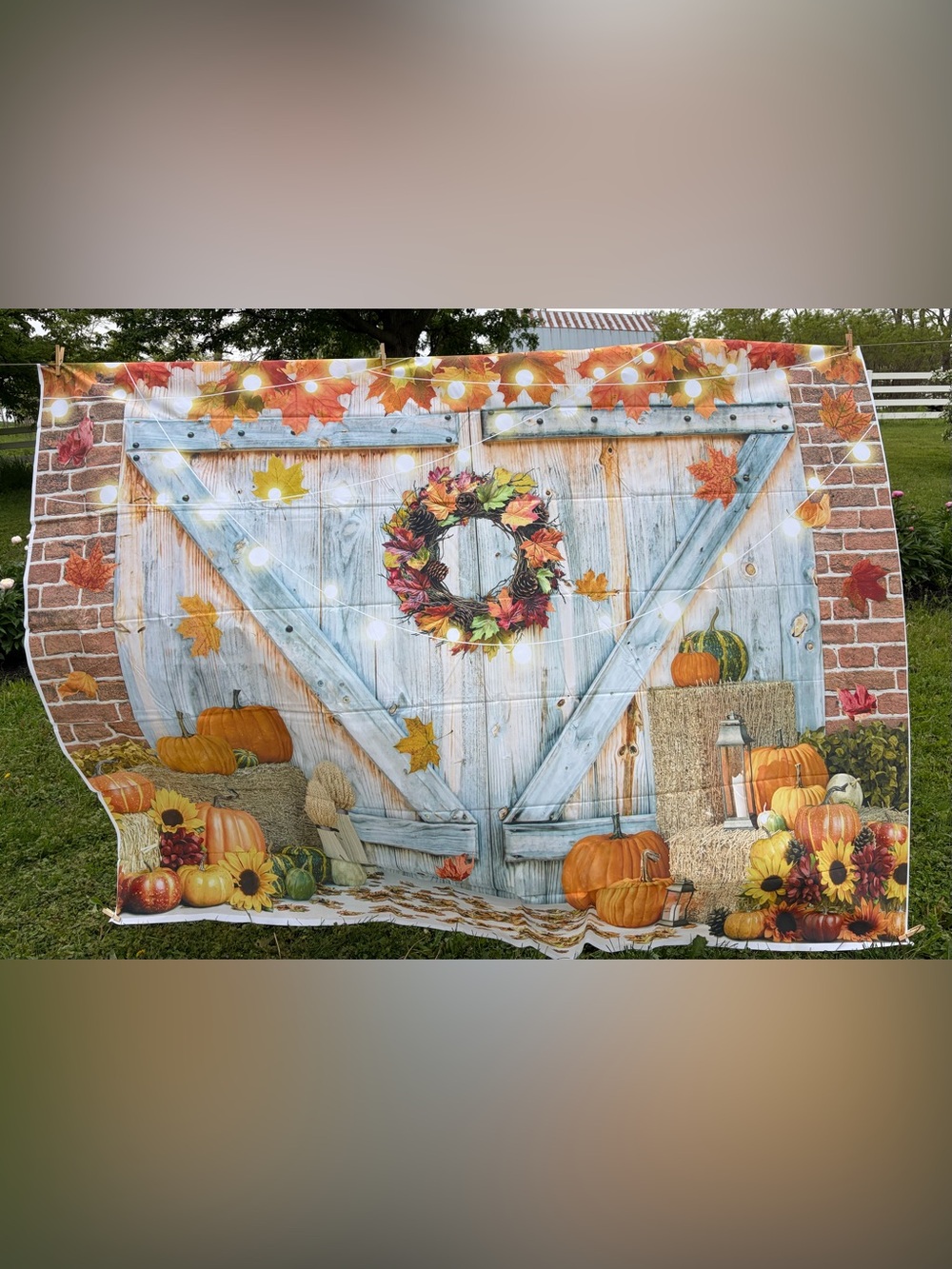 Autumn Harvest Fall Backdrop with Wreath and Pumpkins 8ft x 6ft